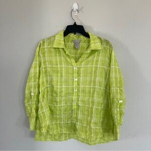 Multiples Windowpane Art to Wear Green Button Down Blouse Size PXL
